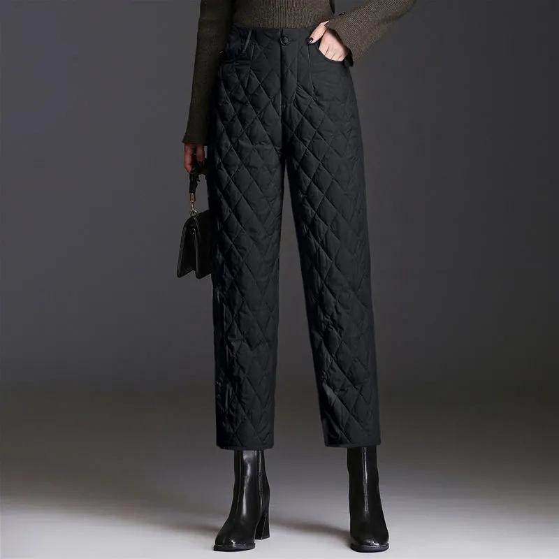 Donzen katoenen broek voor dames Casual warme rechte broek Grote maat Baggy enkellange broek Winddichte gewatteerde broek met hoge taille