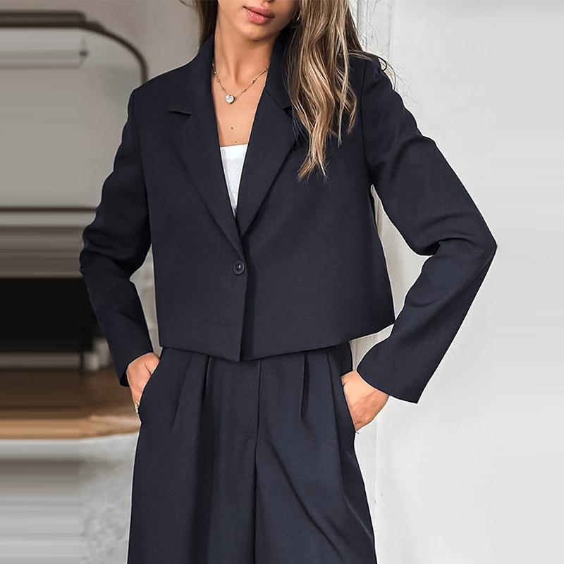Schlichtes Anzughosen-Set für Damen, einfarbig, Laple, kurze Blazer, lockere Hose mit hoher Taille und weitem Bein, Frühlings-Bürodame, passende Anzüge