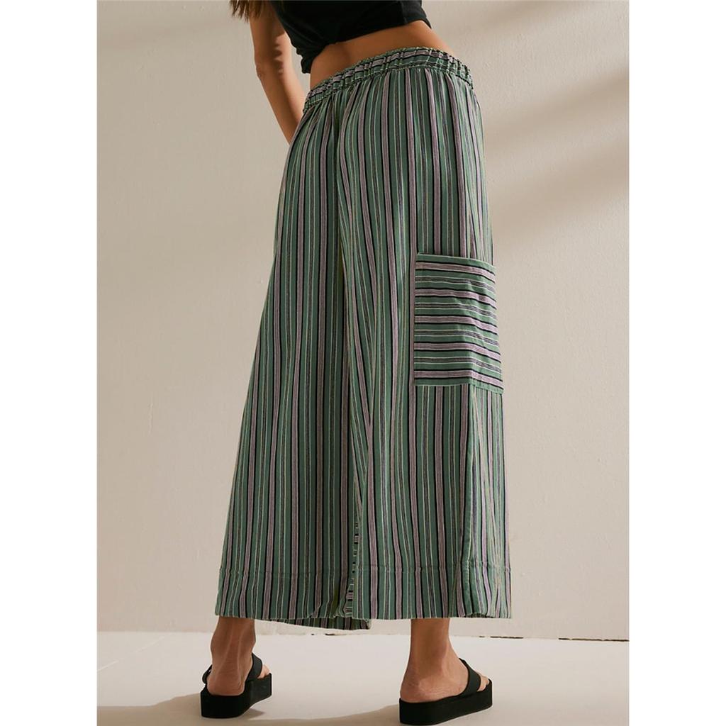 Women's pants summer striped straight pants drawstring wide-leg beach casual pants