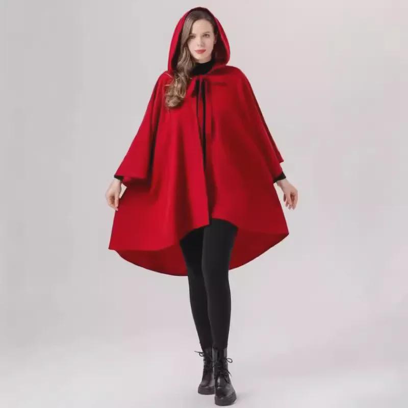 Red and Black Little Red Riding Hood Cloak Costume: Halloween Medieval Witch Robe with Sleeves
