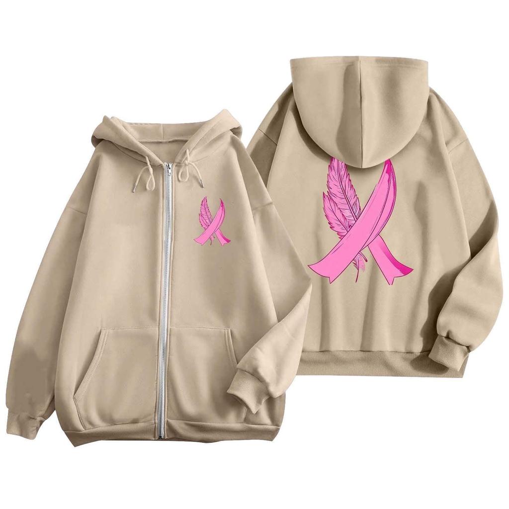 Women's Breast Sweatshirt Ribbon Breast Long Sleeve Hooded Pocket Casual Sweatshirt Jacket