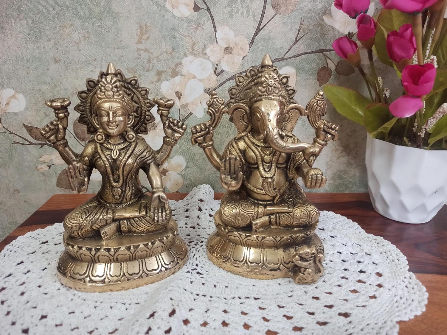 100% Pure Brass Ganesh Lakshmi Idol, Petal Ganesha & Laxmi Murti, Golden Idol