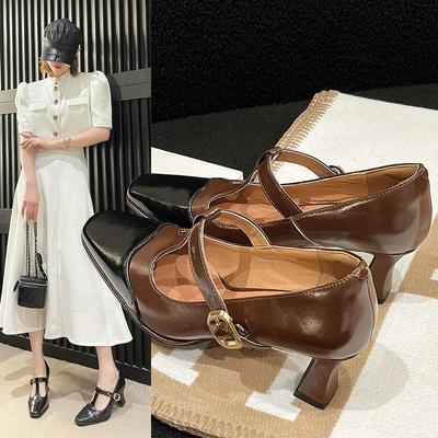 Mode Vintage Chaussures Simples Talons Hauts pour Femmes Printemps Nouveau Bout Carré Talon Bloc Boucle Chaussures Mary Jane Chaussures Colorées
