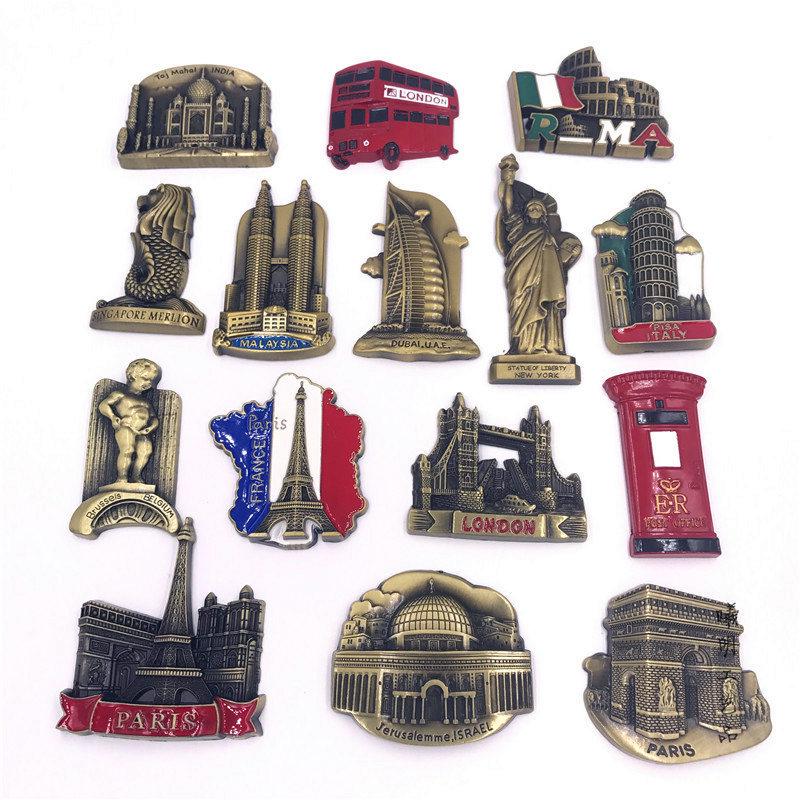 3D Metal Fridge Magnet: USA, England, Italy, Madrid, Dubai, Belgium, India, Israel - High-End Commemorative Collection