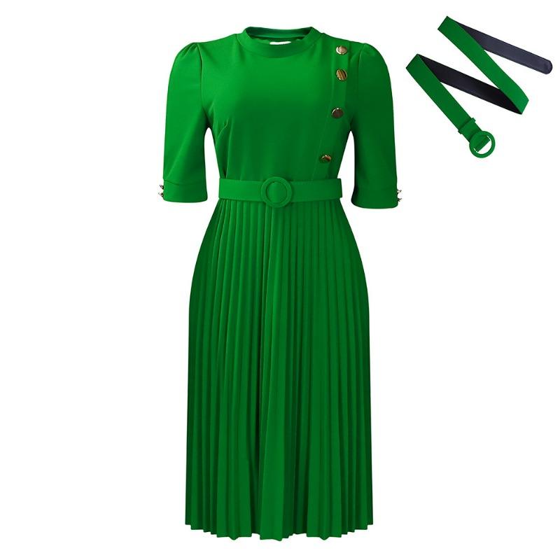 

Women s clothing autumn and winter new temperament solid color pleated button dress XXXL