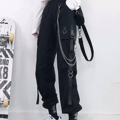Women Cargo Pants Black Joggers High Waisted Harajuku Harem Pants Punk Goth Techwear Chain Trousers Female Hip Hop