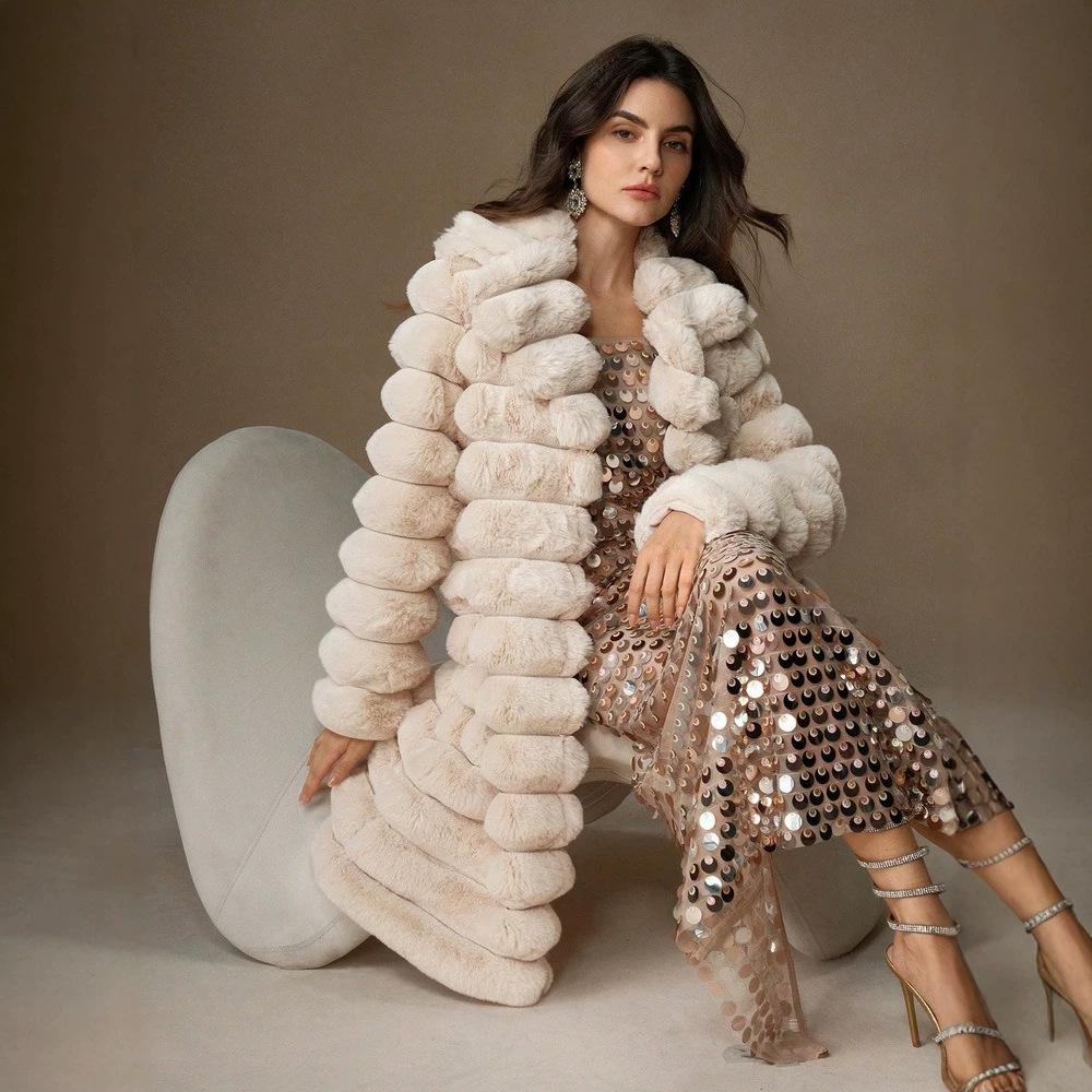 Bulk supply three-dimensional square artificial fur long coat, high-end banquet imitation rabbit fur coat is now available