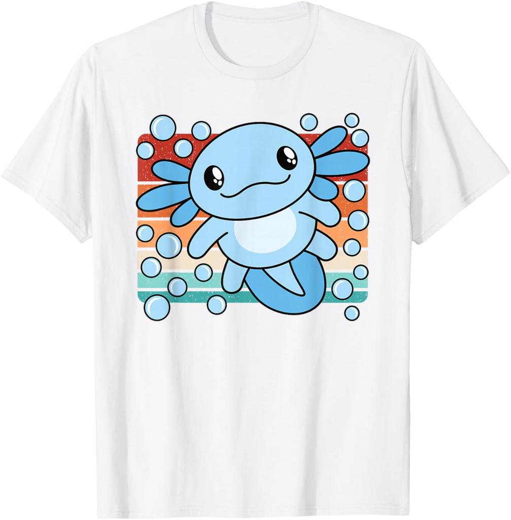 Niedlicher Axolotl Salamander Retro Sonnenuntergang Grafik T-Shirt Weiche Baumwolle Lässiges T-Shirt für Kinder