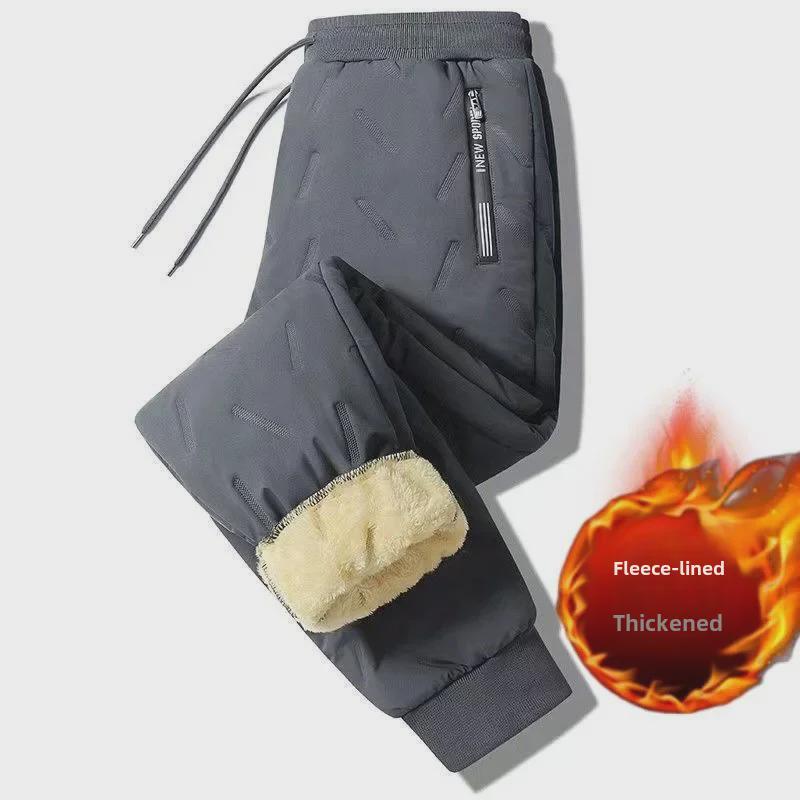 Men's Winter Lambskin Windproof Warm Three-Layer Trousers with Drawstring Elastic Waist