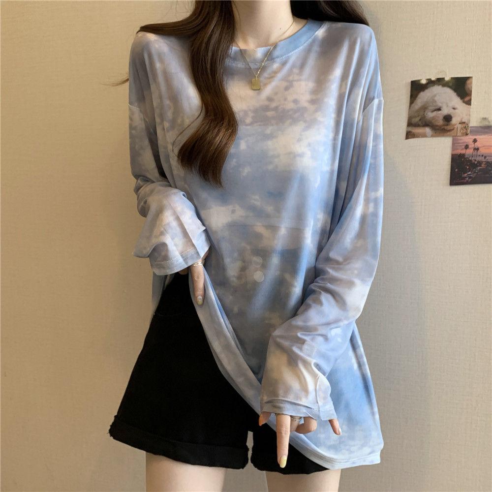 Thin Ice Silk Long Sleeve Sunscreen Hoodie for Women In Summer Large Size Fat Loose Slim Medium To Long Tie Dyeing Mesh Top