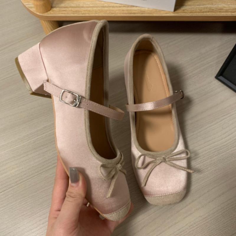 New Mary Jane thick heel inner height increase 7cm bow ballet shoes fashionable versatile inner single shoes women