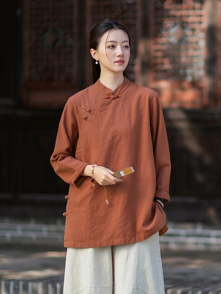 Johnature Women Shirts Vintage Blouses Spring Chinese Style Solid Color Tops Stand Long Sleeve Button Shirts