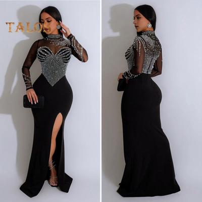 Women Gown Dress Half-high Collar Long Sleeve Side Split Long Dress Mesh Rhinestones Splicing Side Split Maxi Dress