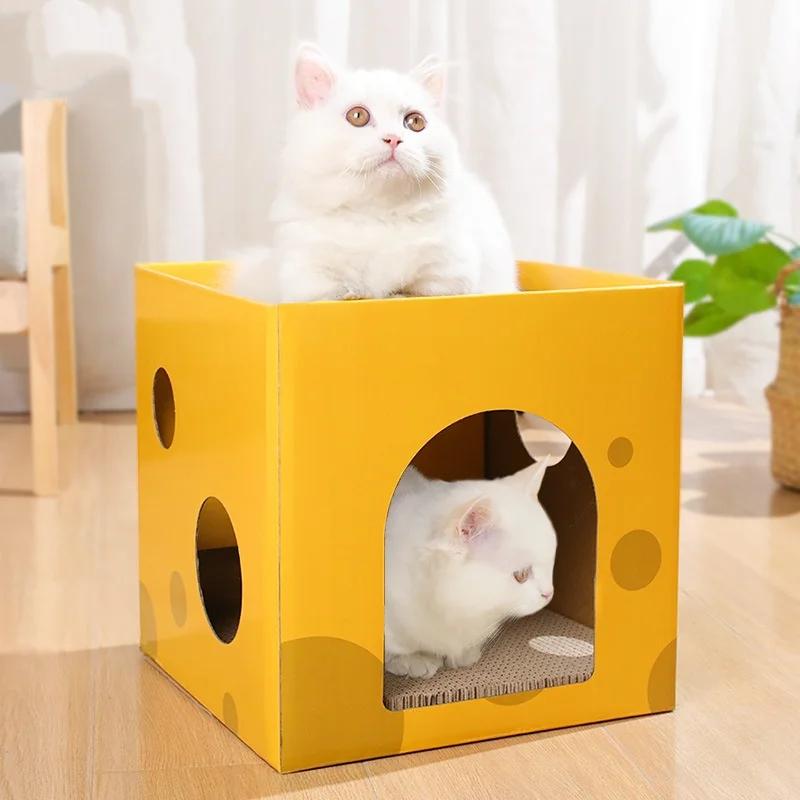 2-Layer Foldable Cardboard Cat House Fun Cheese Design Breathable Sturdy Scratching Post Cat Beds for Sleeping And Playing