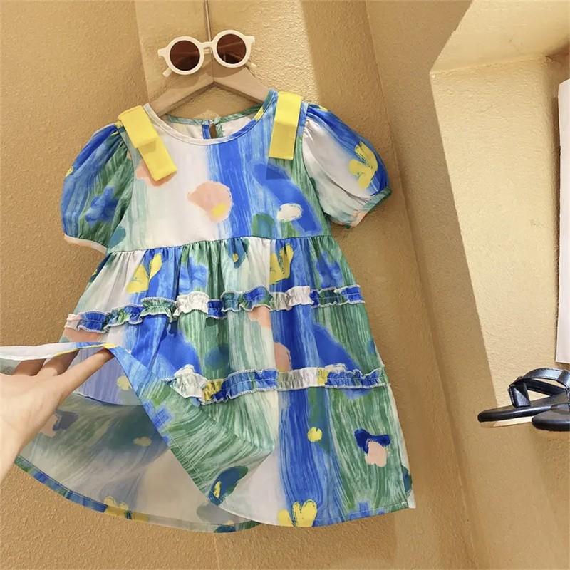 Girls Pastoral Oil Painting Gradient Princess Dress Summer Short Sleeve Dress For Kids