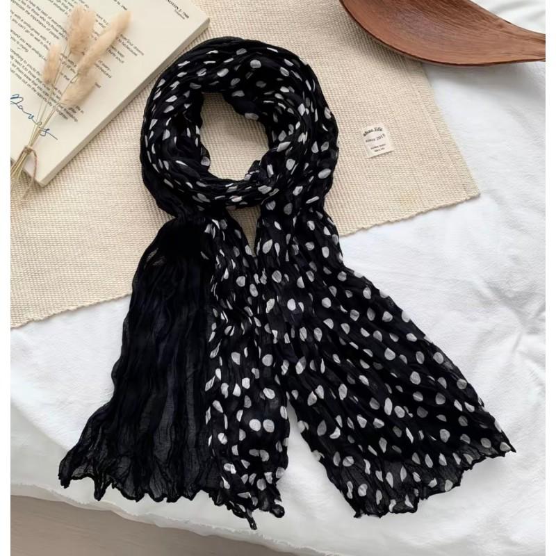 Korean Vintage Military Green Polka Dot Crinkled Scarf Women Lightweight Cotton Linen Shawl Accessory