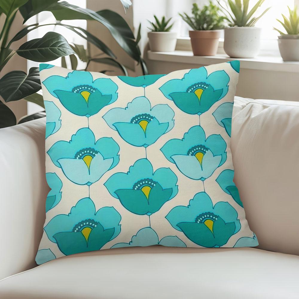 Turquoise Poppy Square Jacquard Pillow Cover for Sofa Office Waist Cushion Cover Home Decorative Pillowcase