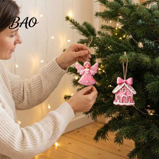 Decorative Wood Shapes for Christmas 12/24/36Pcs Pink Gingerbread Wooden Ornaments, Xmas Tree Hanging Decorations, Cute Cookie Ornaments Festive