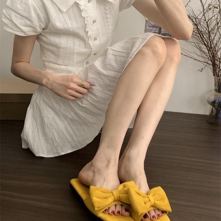 Flat-bottomed bow small cool slippers fairy shoes new vacation beach shoes yellow sandals