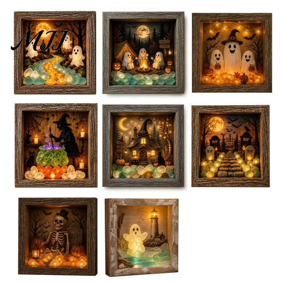Desktop Mantel Decor Halloween Shadow Box Frame DIY Lighted Craft Kit, Wooden Night Light with Kit for Adults Sea Glass Stones, Gothic LED Memory