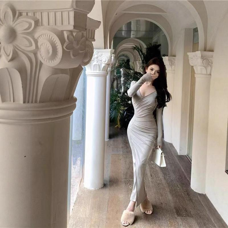 Pure desire style long-sleeved temperament dress autumn slim-fitting tight mid-length waist split skirt long dress