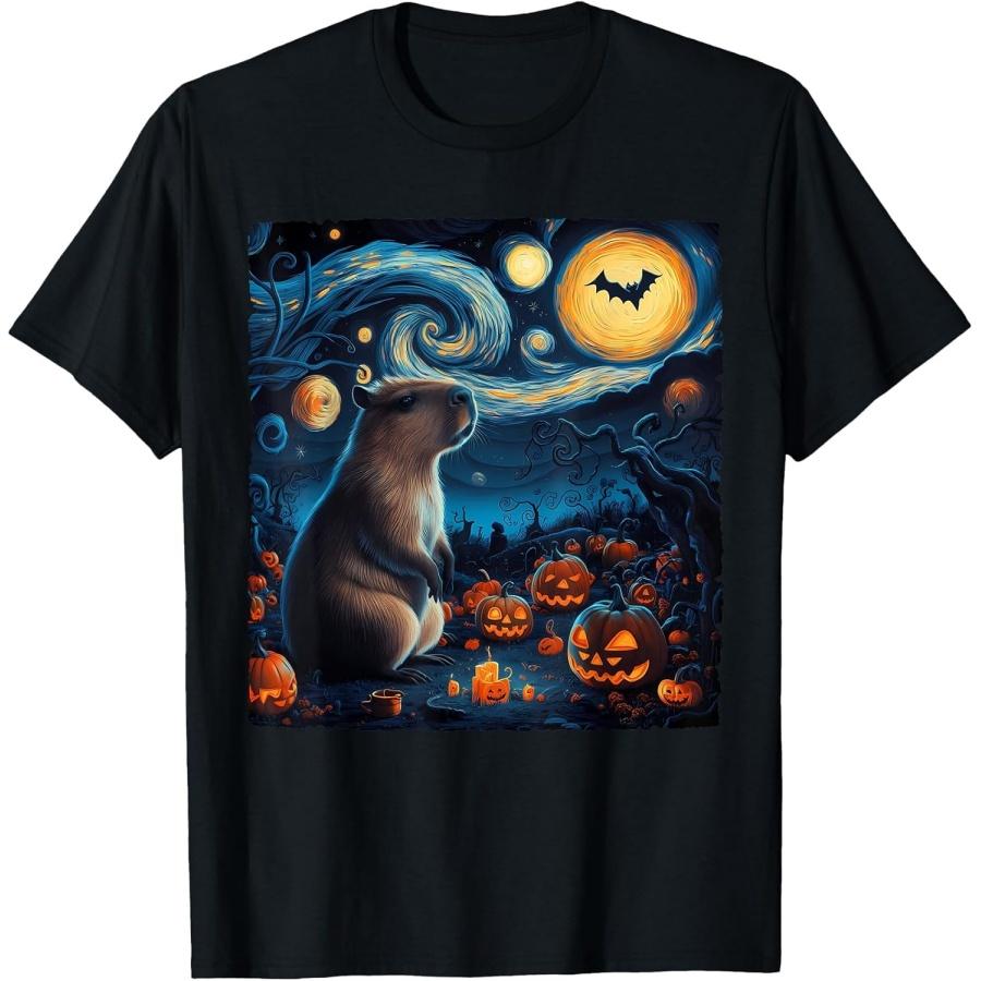 

Spooky Capybara with Pumpkins Halloween T-Shirt Inspired by Van Gogh s Starry Night Masterpiece Adorable Rodent Animal Art Print T-Shirt Black XXXXXL чорний