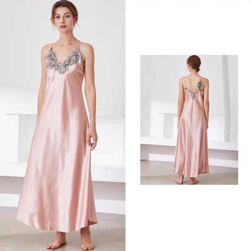 Pigiama in Seta Imitazione da Donna Pizzo Sexy Scollo a V Pigiama Lungo con Spalline Pigiama Abbigliamento da Casa