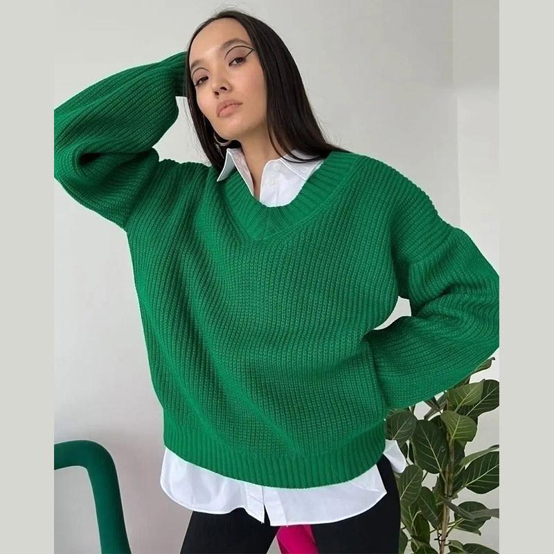 

Women s Solid Color Sweater Fall and Winter V-neck Knitwear Long-sleeved Tops One size зелений
