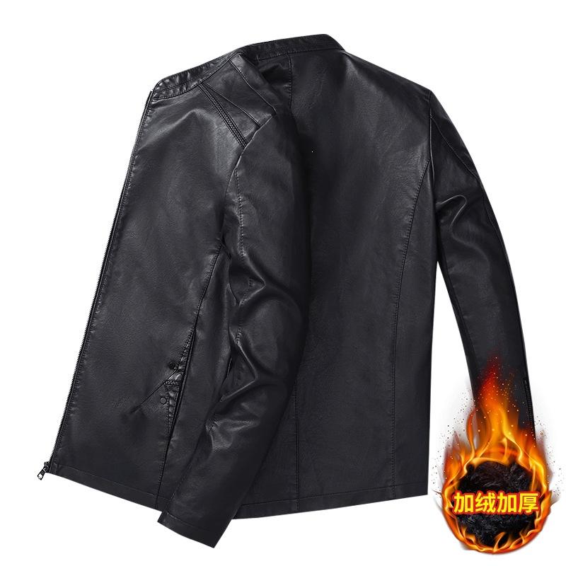 Autumn and winter men's leather jacket fashion trend velvet casual leather jacket men's multi-bag stand-up collar locomotive
