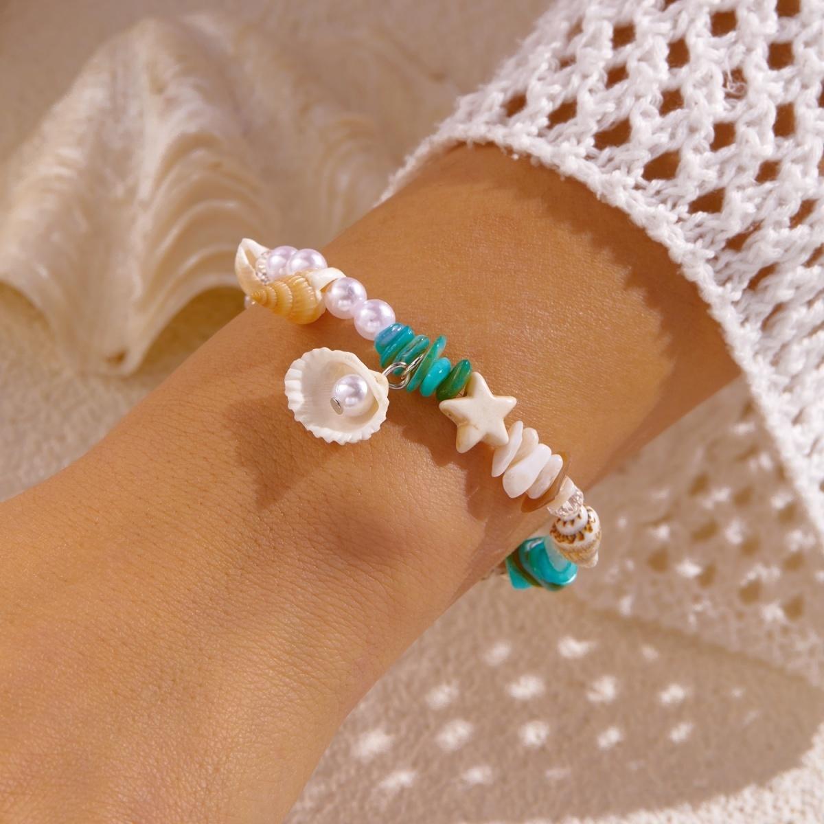 

Shell Crushed Stone Imitation Pearl Star Conch Bracelets For Women Men Boho Starfish Bangle Ocean Beach Vacation Summer Jewelry