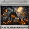 2D planar Halloween-themed background fabric, featuring Gothic spired castle, full moon, dark clouds, bats, and tombstones