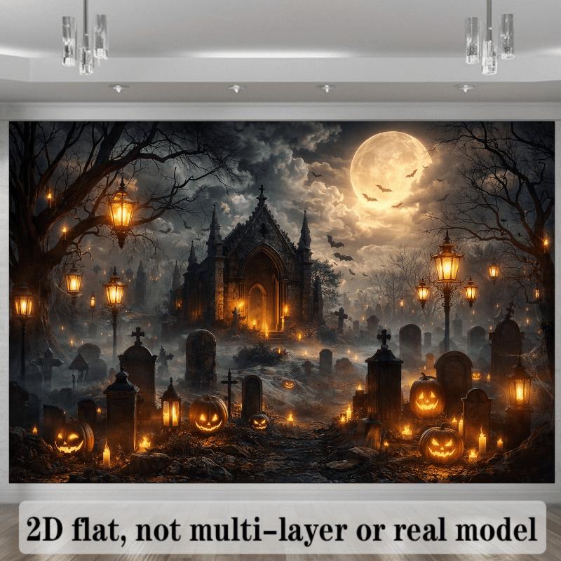 2D planar Halloween-themed background fabric, featuring Gothic spired castle, full moon, dark clouds, bats, and tombstones