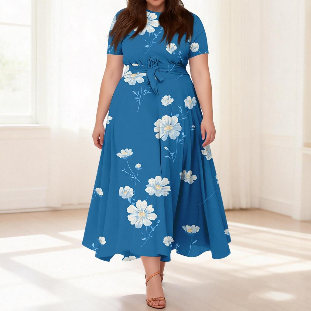 Abito Casual da Donna Taglie Forti Stampa Floreale Retro Girocollo Manica Corta Tasca Cintura Cravatta