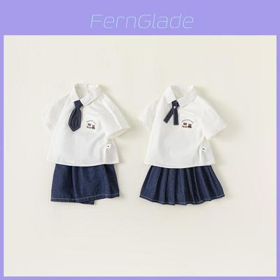 Kinder Schulstil Kurzarm Denim Kleid Zweiteiliges Set Für Mädchen Sommer Spielen