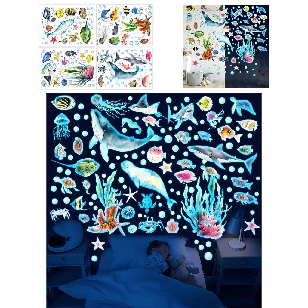 Moruna Sea Life Luminous Design for and Classrooms Glowing Sea Glow-in-the-Dark Stickers, Fluorescent, Kids' Rooms, Kindergartens, (Blue Life)