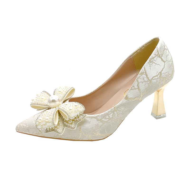 Banquet Single Shoes Autumn New Pointed Toe Shallow Mouth Knit Bow Pop Foot Non-Slip Fashion Stiletto Heels