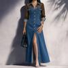 Elegant Spliced Mesh Long Sleeve Dress With Slit For Daily Wear