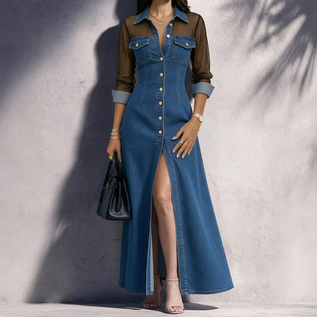 Elegant Spliced Mesh Long Sleeve Dress With Slit For Daily Wear