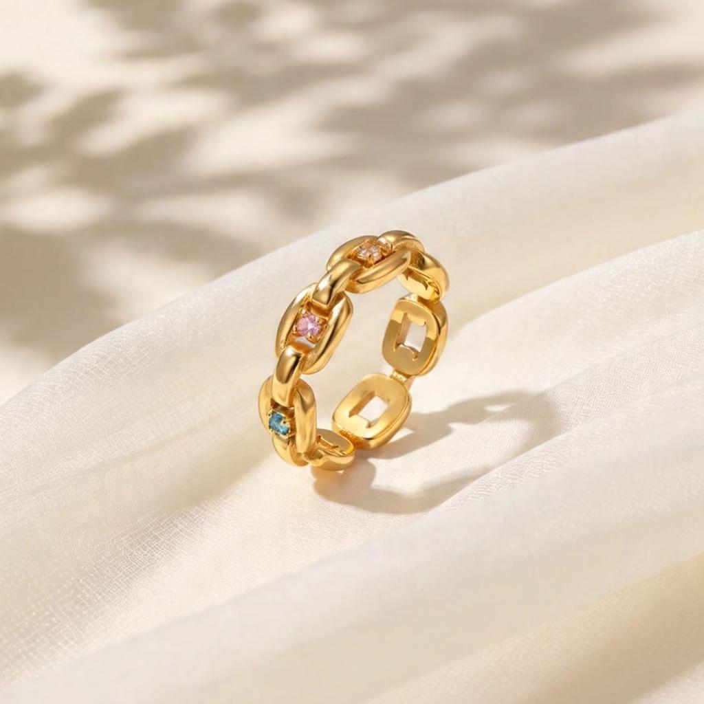 Delicate Colorful Cubic Zircon Ring for Women, Stainless Steel Thick Link Chain Ring, Gold Color Fashion Waterproof Jewelry Gift