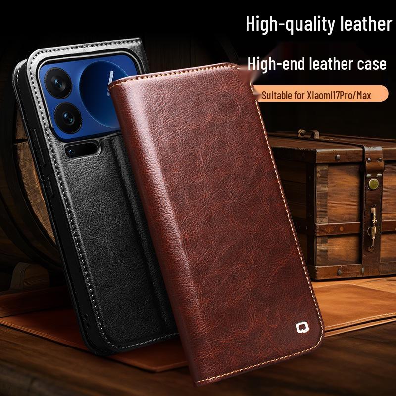 Chali Genuine Leather Xiaomi 17 Pro Max Flip Phone Case with Stand & Lens Protection