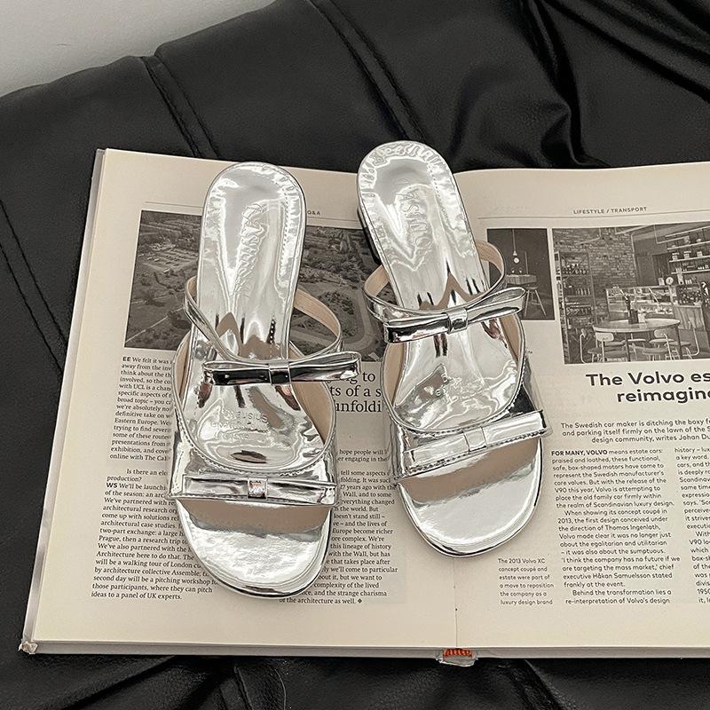 Fashion retro high-heeled cool slippers design sense bow one-word slippers women's summer casual wear French sandals