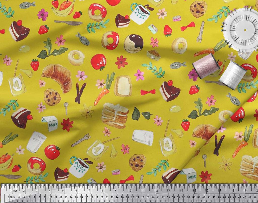 Soimoi Japan Crepe Satin Fabric Fruits,Bread & Donut Food Decor Fabric Printed metre 42 Inch
