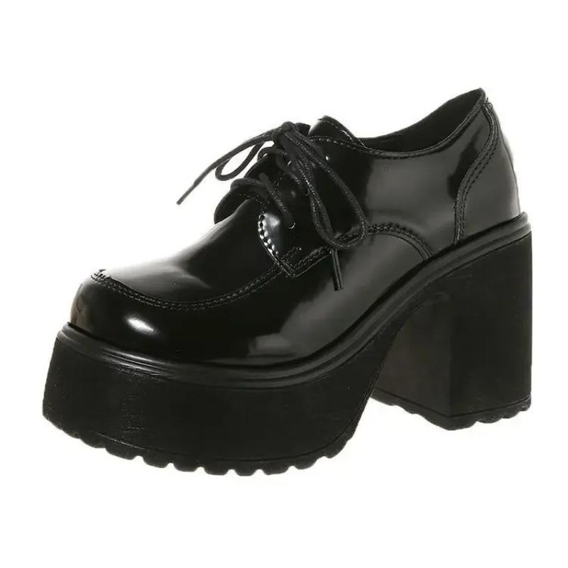 Fashion 2025 Woman Loafers Shoes Casual Chunky High Heels Pumps All-Match Roman Style Lace-Up Round Toe Autumn Black Mary Janes Shoes