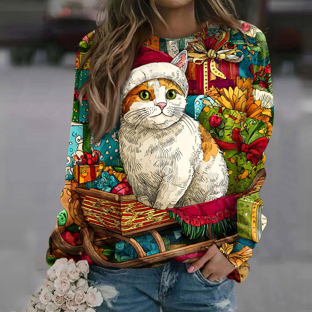 Women's Fashion Casual Long Sleeve Christmas Printed Neck Sweatshirt Top