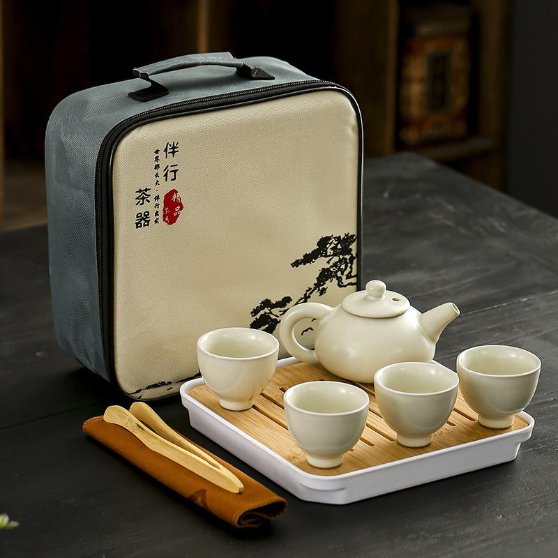 All the best travel tea set beige Ru kiln retro ceramics outdoor portable express cup kung fu business gifts