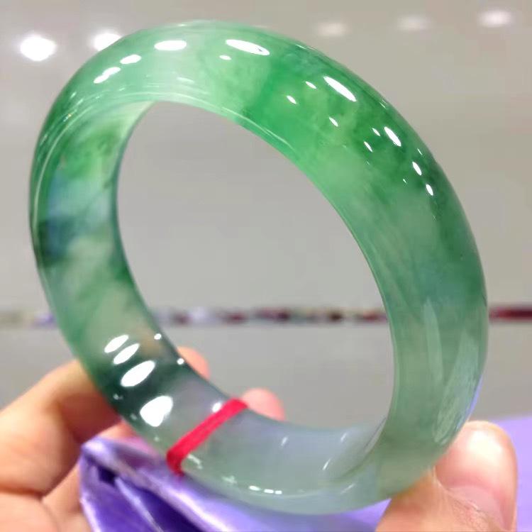 Myanmar Treated Jadeite Bangle: Full Green Ice Waxy Jade with Floating Flowers - Noble Lady Style