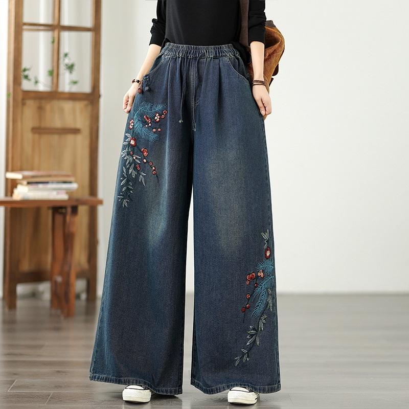 Plus Size Vintage Floral High Waist Casual Loose Women Spring Summer Autumn Jeans Denim Wide Leg Pants