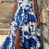 BITCED Spring Women's Casual Fashion Printed V-Neck Strapless Patchwork Split-Hem Full-Skirt Dress