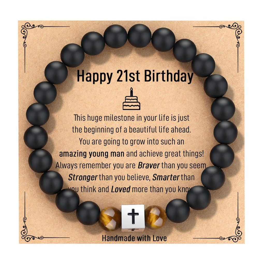 Black Matte Stone & Tiger Eye Square Cross Pendant Bracelet