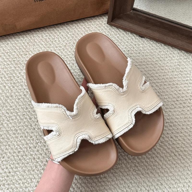 Retro one-word drag women wear new lazy casual slippers in summer, seaside beach flat sandals 35 бежевый